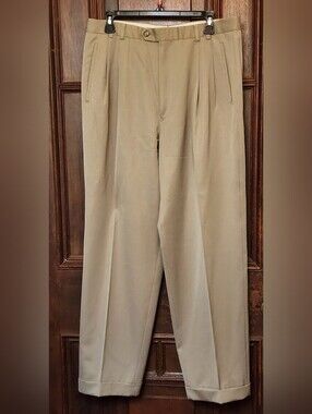 Vintage Bernini Pleated Cuffed Men's Taupe Dress Wool Pants-34/30-Made In Italy